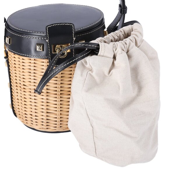 Salvatore Ferragamo Gancini Drawstring Bucket Bag Wicker Studded Leather + Pouch - Picture 8 of 12